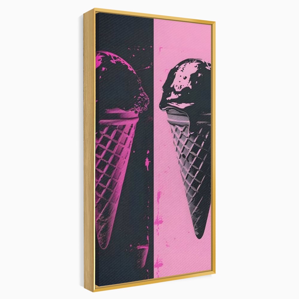 Tablou canvas cu tablou canvas cu doua inghetate pe bat impartit vertical, in rama de aluminiu auriu